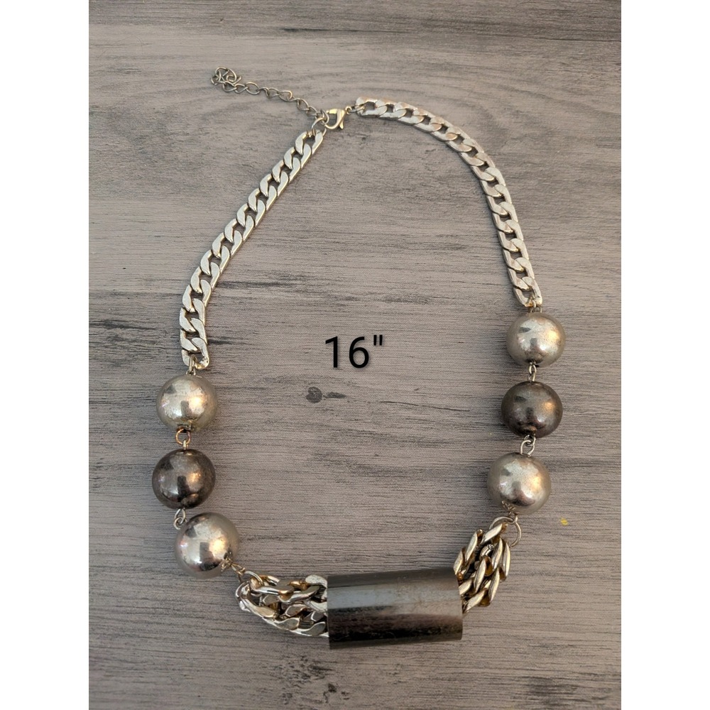 Chunky Silver Tone Statement Necklace Industrial Sphere Curb Chain 16 Inch